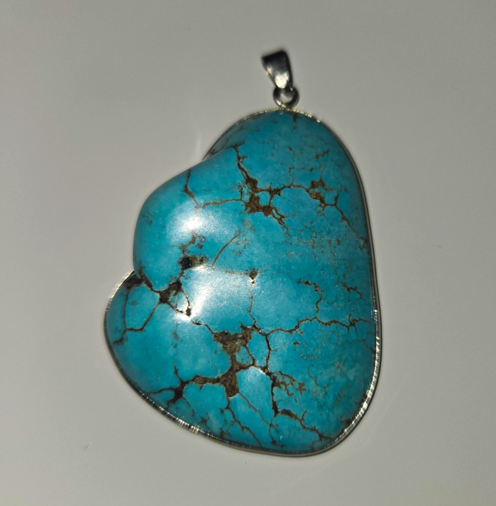 Large Blue Turquoise Color Matrix Stone Freeform Pendant Silver Tone 2.25"